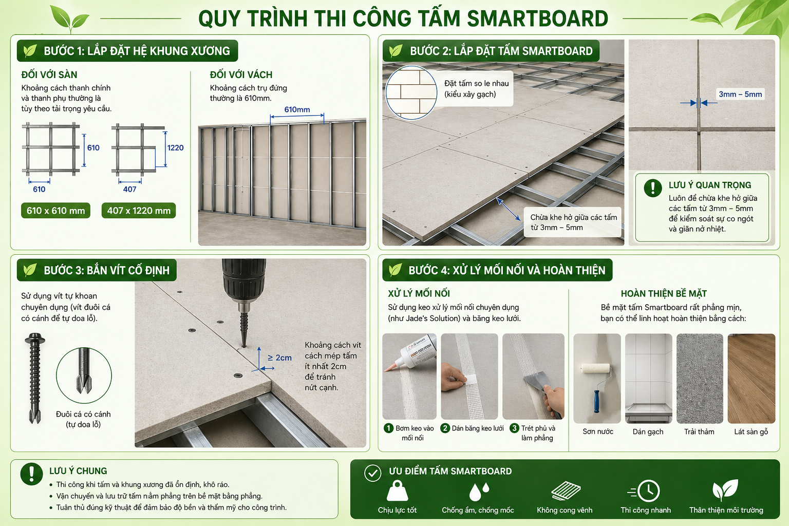 Quy cách khung xương, khe hở và khoảng cách vít khi thi công tấm cemboard ngoài trời