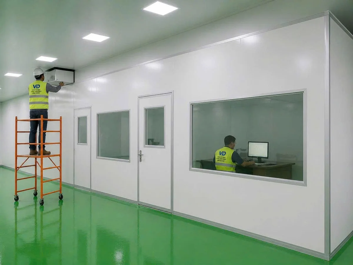 Phòng sạch hoàn thiện với vách tấm panel trắng, ô kính quan sát và sàn epoxy