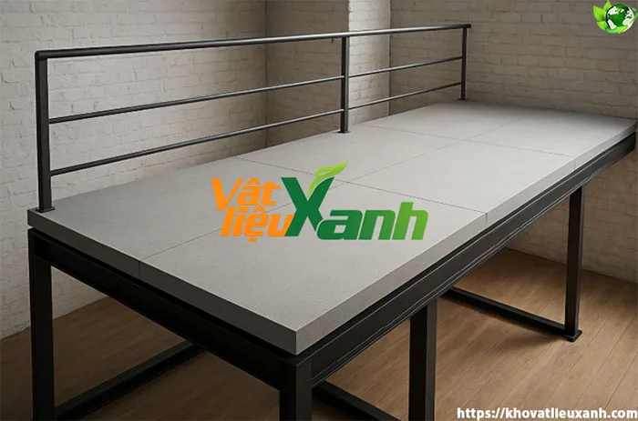Gác lửng lát tấm xi măng trên khung thép hộp màu đen kèm lan can bảo vệ