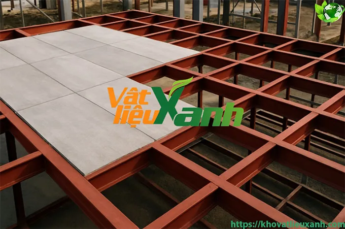 Khung xương thép hộp chia ô vuông đang được lót tấm xi măng làm mặt sàn