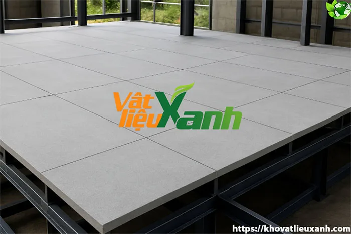 Mặt sàn tấm xi măng đã lắp hoàn thiện trên khung thép hộp, thấy rõ khe nối giữa các tấm